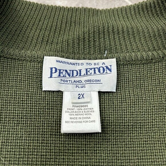 Pendleton Jacket Womens 2X Leather Merino Wool Full Zip Coat Sweater Army Green - Picture 4 of 11